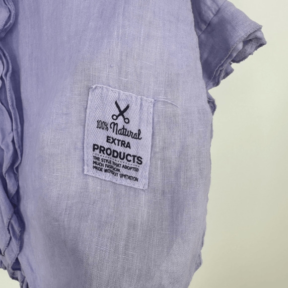 Womens 100% linen 3/4 Sleeve Button Front Blouse Size M Purple Ruffles Fairy - Picture 2 of 12